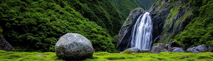 Obraz premium Serene Waterfall Cascading Down Rocky Cliff Surrounded by Lush Greenery in Tranquil Landscape