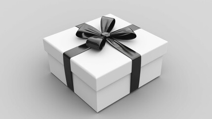 A stunning white gift box with a sleek black ribbon on top, perfect for various occasions such as birthdays or celebrations.