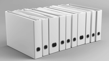 A clean and organized display of multiple white binders lined up, showcasing their simplicity and functionality in a professional setting.