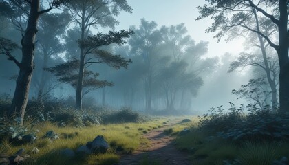 Obraz premium Misty morning in a forest glade with a vast expanse of dark cyan blue wall-like foliage and scattered branches , outdoor scene, morning, mist