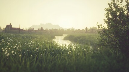 Serene Sunset over a Picturesque River Village