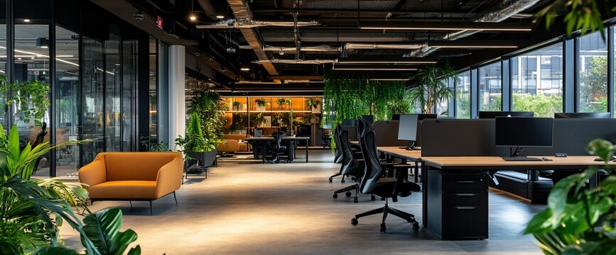 Modern office space with plants, desks, and a cozy seating area.