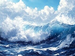 Dramatic Ocean Waves and Blue Sky