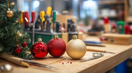 Christmas crafting workshop cozy studio decor items creative environment close-up view holiday spirit