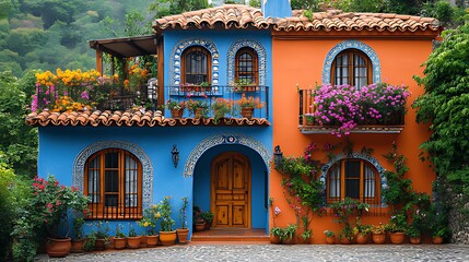Fototapeta premium Colorful Spanish-style house with vibrant flowers and balconies.