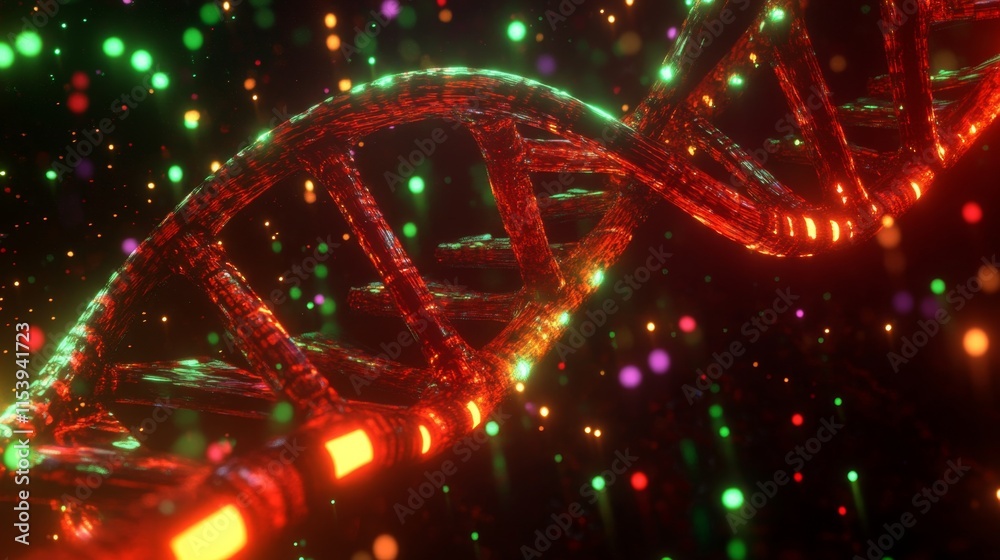 Poster exploring dna structures through colorful particles virtual space digital art abstract concept scien