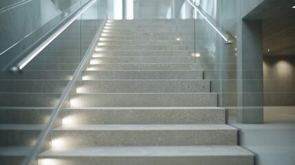 Fototapeta premium Modern staircase with illuminated steps in a minimalist architectural space.