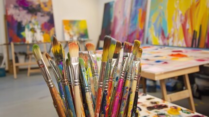 Fototapeta premium A vibrant painting workshop in an urban art studio, Paintbrushes and canvases arranged creatively, Artistic creation style