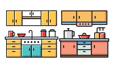 Colorful Kitchen Counter and Cabinet Illustrations, Set of three colorful kitchen illustrations featuring counters, cabinets, and appliances, ideal for home decor, cooking, or interior design projects