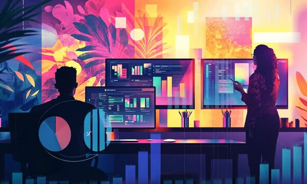 Futuristic Digital Workspace with Colorful Screens and Creative Team Members Engaged in Data Analysis and Innovative Collaboration in a Modern Office Environment