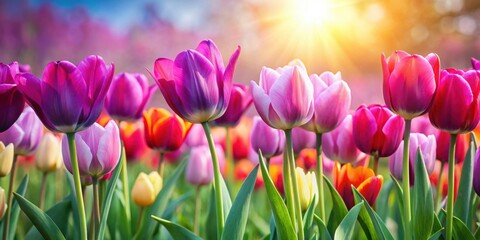 Fototapeta premium A vibrant and colorful row of tulip flowers in full bloom, with petals swaying gently in the breeze , Pink, Purple