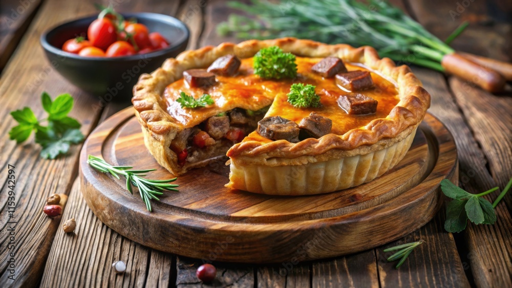 Wall mural Hearty beef stew pie sitting on a rustic wooden cutting board, garnished with fresh herbs and served hot, comfort food