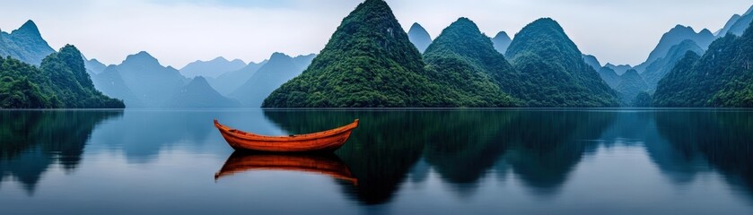 Obraz premium Serene Landscape with Calm Waters and Isolated Boat Surrounded by Majestic Mountains