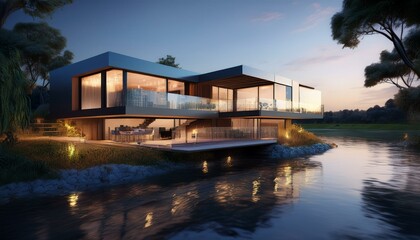 Obraz premium Hotel in the night - 3d rendering of modern house