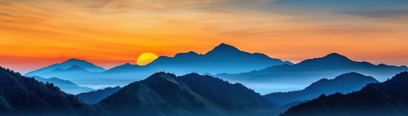 Majestic Sunrise Over Mountain Range with Vibrant Colors and Natural Beauty in the Sky