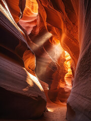 A breathtaking view inside Antelope Canyon, highlighting textured sandstone walls with dramatic sunlight streaming through narrow crevices. Generative AI