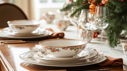 Fototapeta premium Christmas table setting with elegant dinnerware cozy home decorative dining festive ambience warm atmosphere