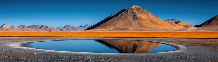 Obraz premium Serene Reflection of Majestic Mountain in Crystal Clear Lagoon under Bright Blue Sky