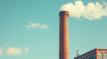 Industrial Chimney with White Smoke Against Blue Sky Background