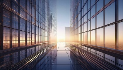 3d render of morning view to perspective glass building 
 - bridge over the river