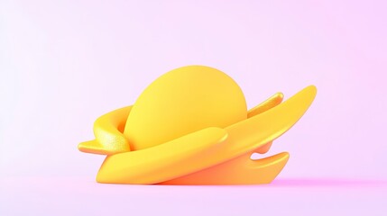 A vibrant, stylized yellow planet with rings, set against a soft pink background, creating a playful and whimsical cosmic theme.