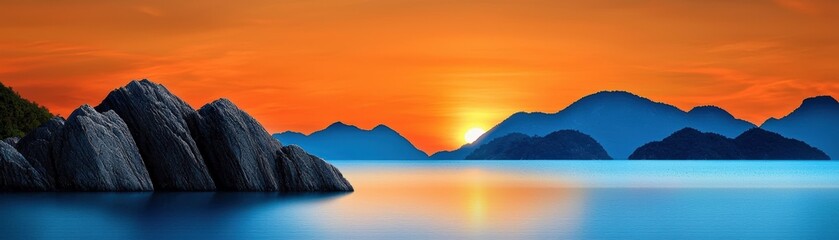 Fototapeta premium Serene Sunset Over Calm Waters with Silhouetted Mountains and Rocky Shoreline