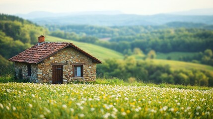 Fototapeta premium Serene Stone Cottage Overlooking Lush Green Valley Landscape