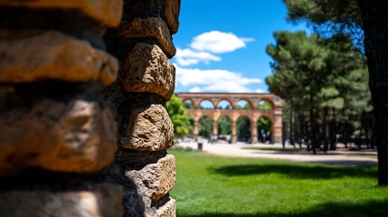 Ancient Roman Aqueduct Viewed Through Stone Wall