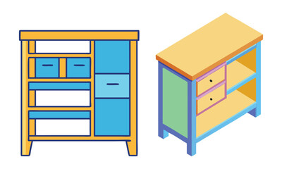Colorful Shelving Unit and Cabinet Illustrations, Set of two colorful shelving unit and cabinet illustrations featuring modern designs with drawers and open shelves, ideal for decor and storage themes