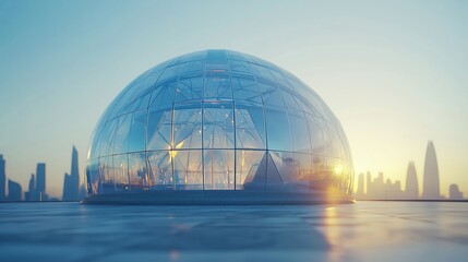 Obraz premium Modern Glass Dome Structure in Urban Setting During Sunrise