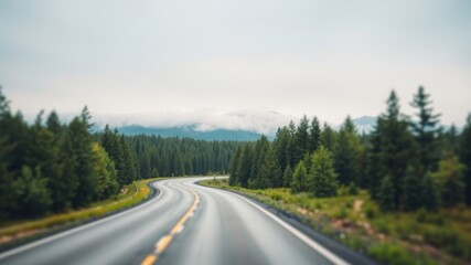 Fototapeta premium Scenic Winding Road Through a Lush Evergreen Forest with Misty Mountains in the Distance