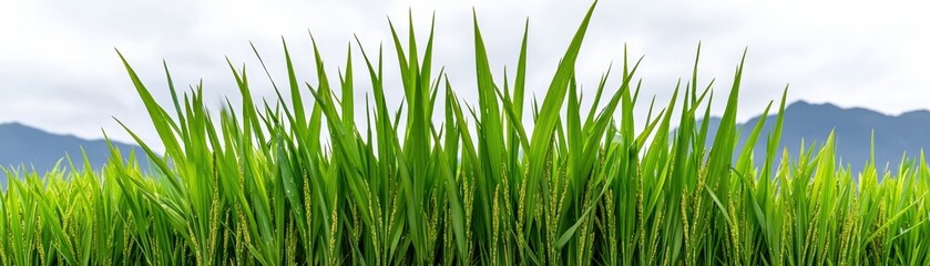 Obraz premium Lush Green Grass Blades Against a Soft Cloudy Sky with Distant Mountains in the Background