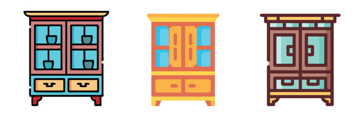 Colorful Display Cabinet Vector Illustrations, Set of three colorful display cabinet illustrations featuring glass doors and drawers, perfect for furniture, decor, or interior design themes.
