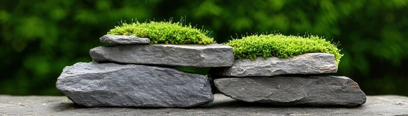 Fototapeta premium Natural Stones with Lush Green Moss on a Tree Stump Against a Beautiful Blur Background