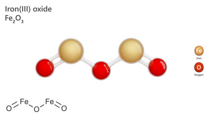 Molecule: Ferric (III) Oxide. Molecular structure. Formula: Fe2O3. Chemical model: Ball and stick. White background. 3D illustration.