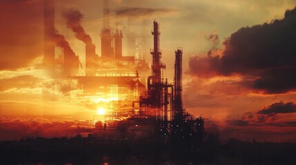 Fototapeta premium Industrial sunset in oil refinery urban landscape aesthetic photography atmospheric viewpoint for environmental awareness