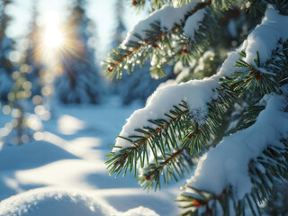 A close-up of snow-covered pine branches with sunlight casting soft shadows, capturing the serene beauty of a winter wonderland. Generative AI