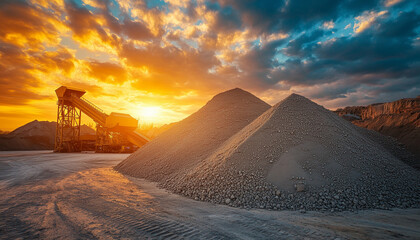 stockpile of construction material and heavy machinery in background