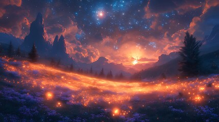 Naklejka premium Magical sunset over a field of glowing flowers and mountains under a starry sky.