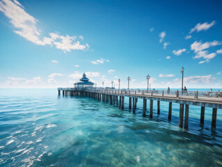 Obraz premium A scenic view of a pier stretching into the ocean, surrounded by crystal-clear water and gentle waves under a bright, sunny sky. Generative AI