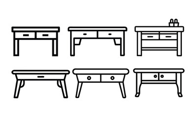 Black and White Table Line Art Collection, Set of six black-and-white table illustrations in minimalist line art style, featuring various designs with drawers for versatile decor concepts.
