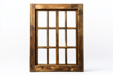 Selective focus wooden window frame isolated on white background, Old wood frame in house on white background, Empty wooden window frame.