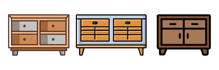 Wooden Drawer Cabinet Vector Illustrations, Set of three wooden drawer cabinet illustrations in modern vector style, ideal for furniture design, home decor, or organizational themes.

