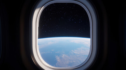 3000s, A view of Earth from an airplane window, showcasing the curvature of the planet against the backdrop of space.