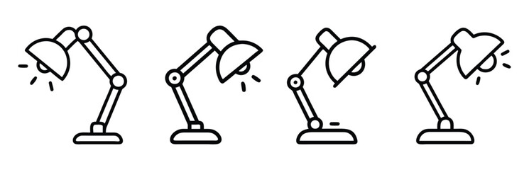 Black and White Desk Lamp Line Art, Set of four desk lamps in minimalist black and white line art style, ideal for design, education, or lighting concepts.
