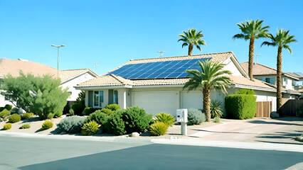 Fototapeta premium Modern Sustainable House with Residential Solar Panels at Sunset Clean Energy and Eco-Friendly Living. Solar panels on the roof of a house, promote eco-friendly solar panels on the roof of the house.