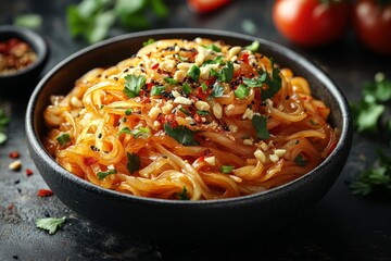 Flavorful Noodles Topped With Fresh Herbs and Crushed Peanuts in a Black Bowl Surrounded by Fresh Tomatoes and Spices