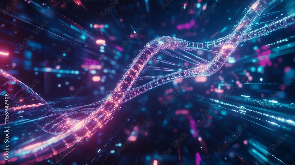Poster dynamic dna sequence visualization digital realm 3d animation high-tech environment futuristic persp