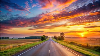 Fototapeta premium A serene sunrise over a rural landscape with asphalt highways stretching into the horizon, set against a warm orange and pink sky with gentle clouds floating by , natural scenery, peaceful atmosphere