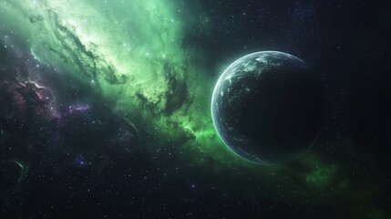 Mystical Green Planet Against Starry Cosmic Background